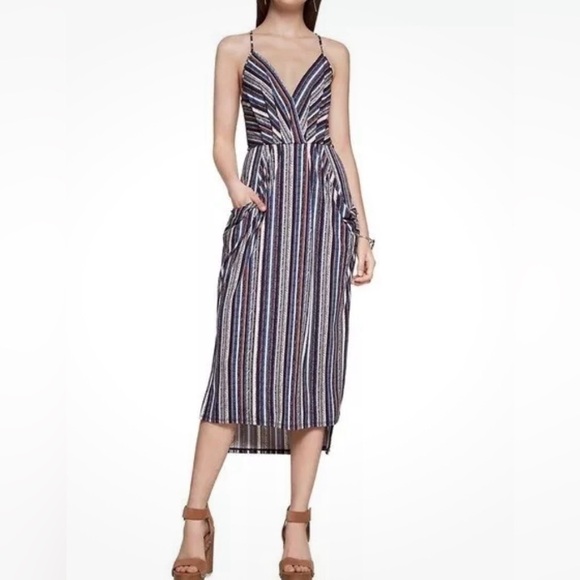BCBG Generation Faux Wrap Striped MIDI Dress with Pockets Sz XS Halter Back - Picture 2 of 14